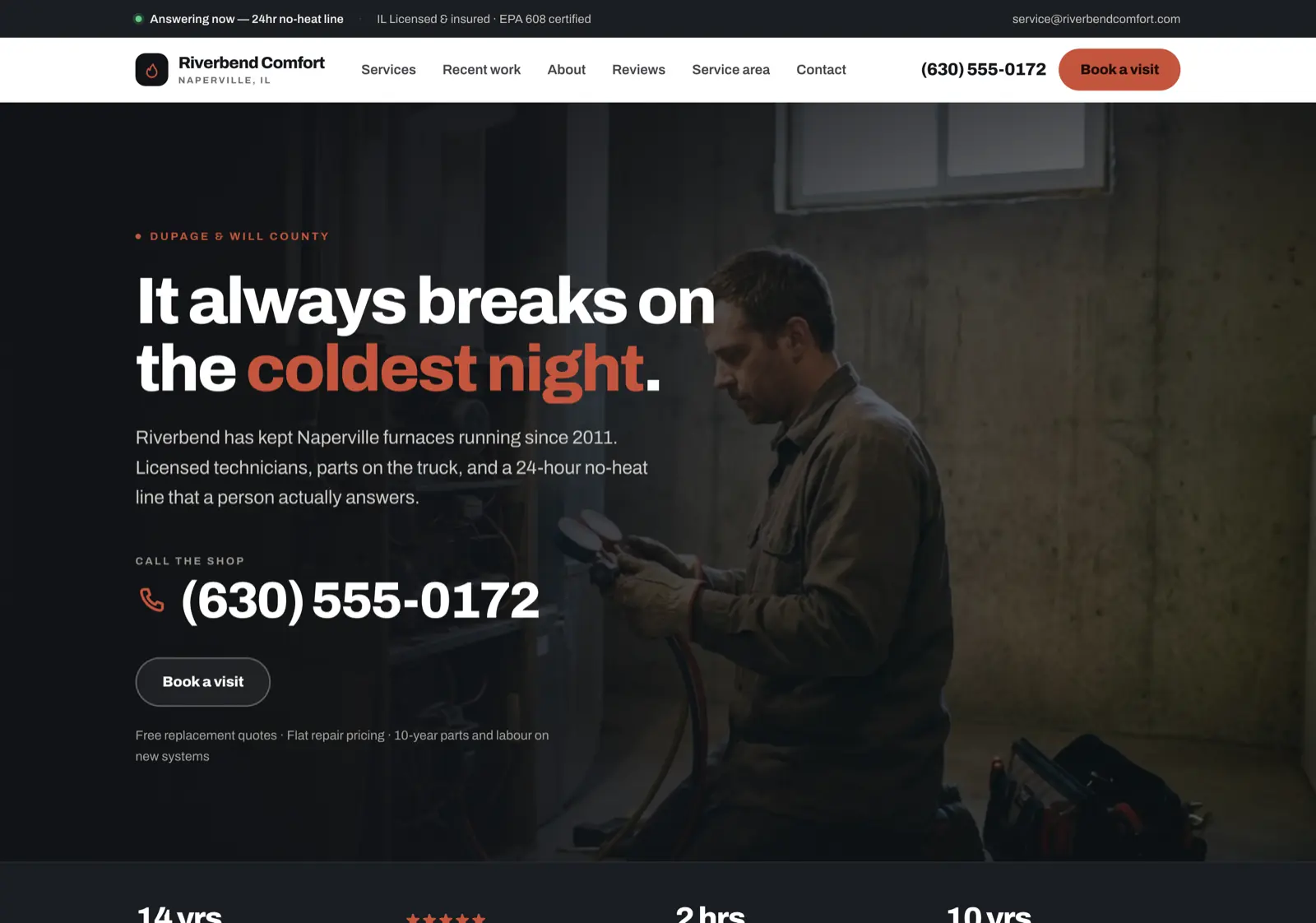 Riverbend Comfort sample site — heating and cooling company homepage with a warm
documentary photograph
