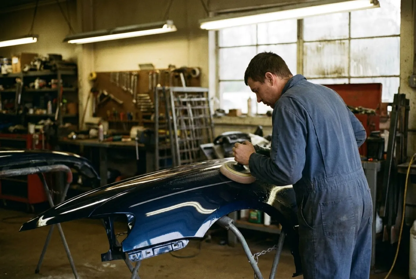 Final machine polishing on freshly painted car body