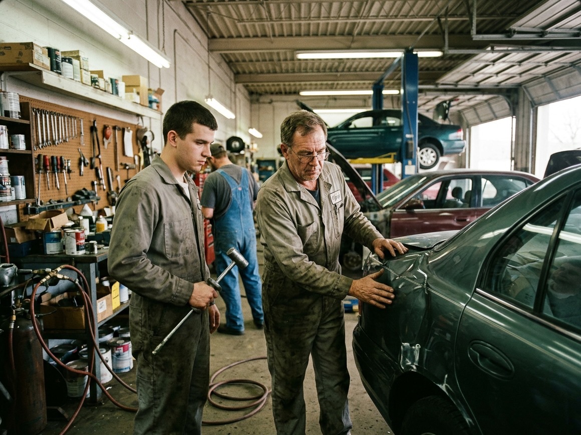 Master technician and apprentice inspecting collision repair bodywork in our Naperville garage