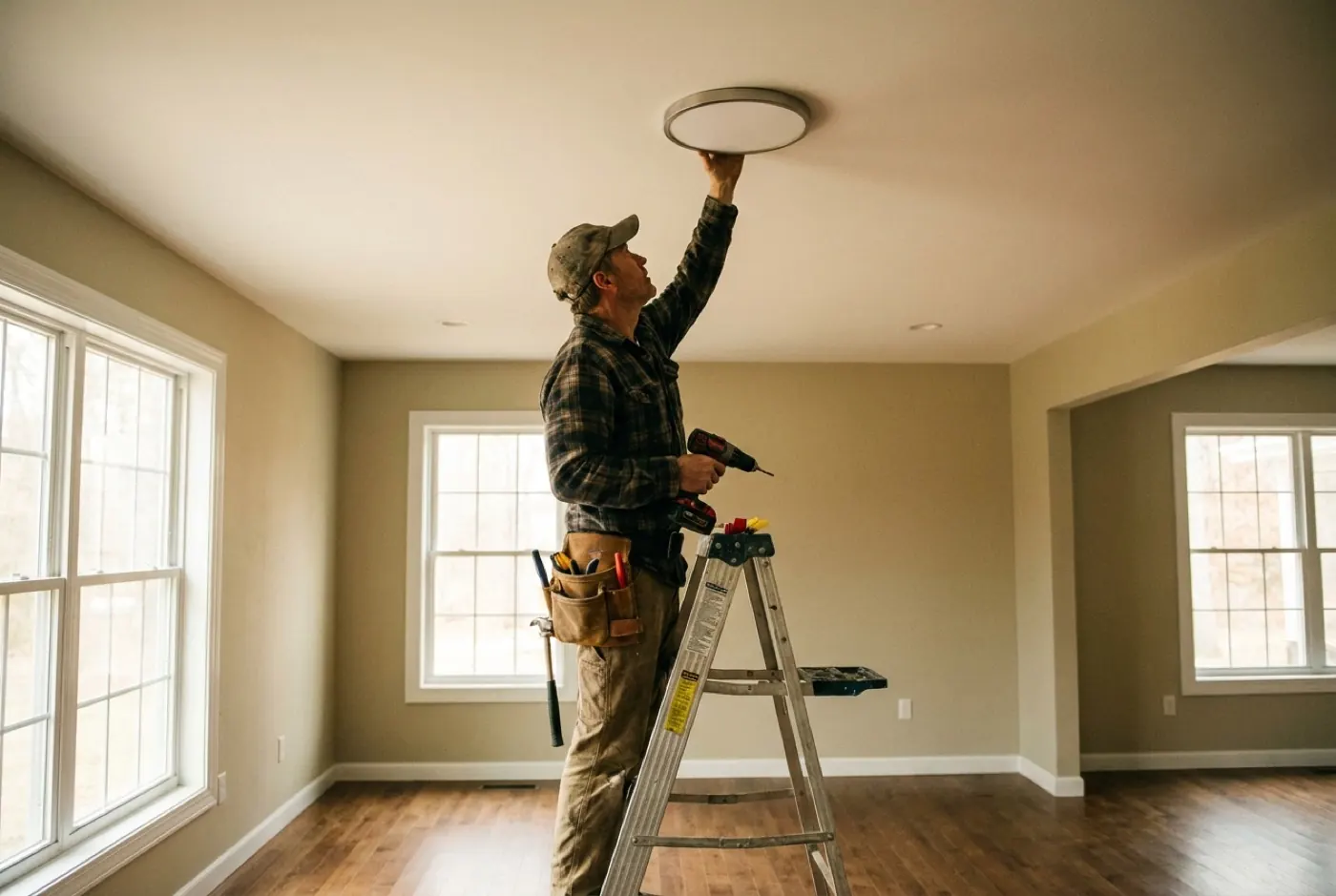 An electrician installing a flush ceiling light in a living room