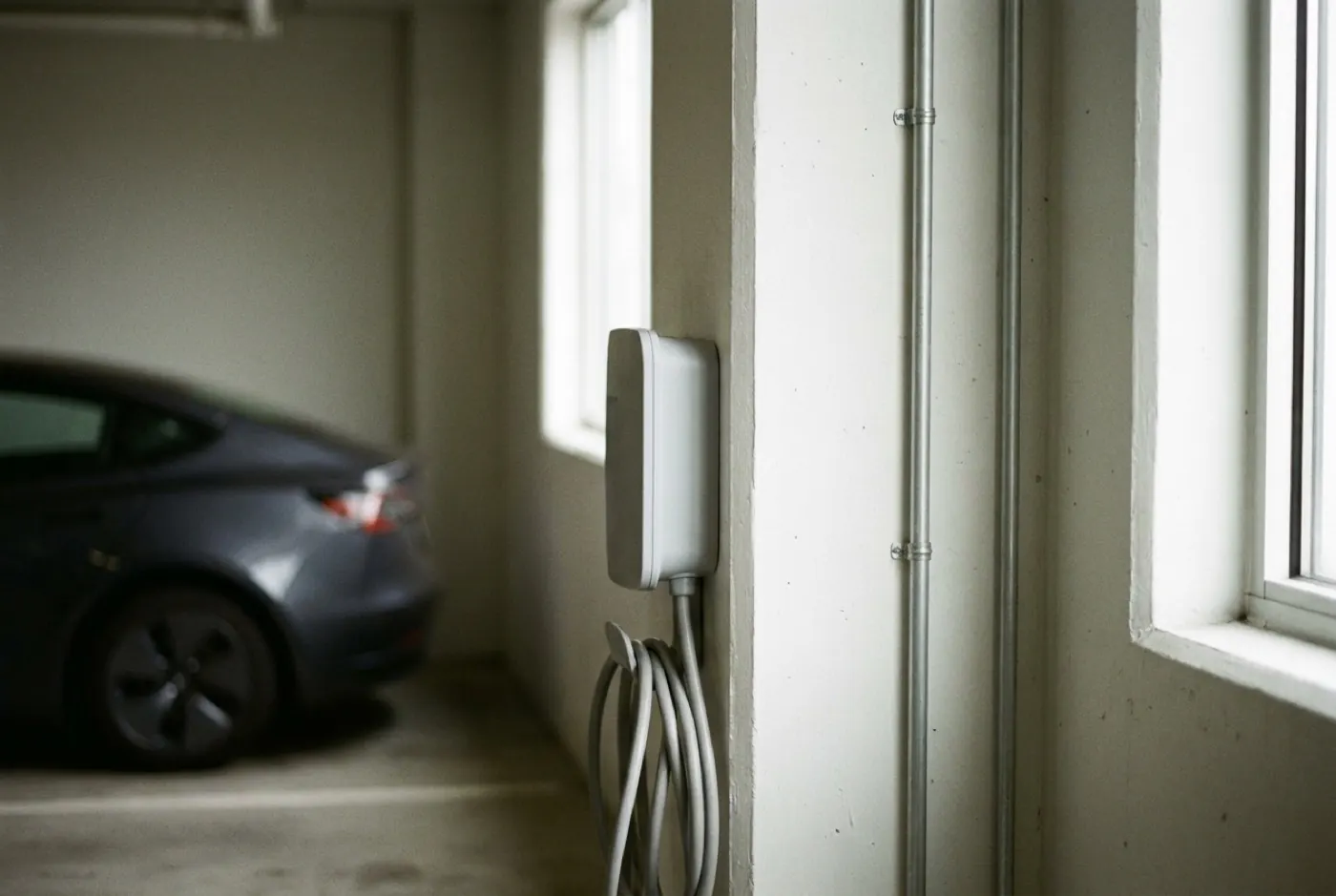 A wall-mounted home EV charger on a clean garage wall
