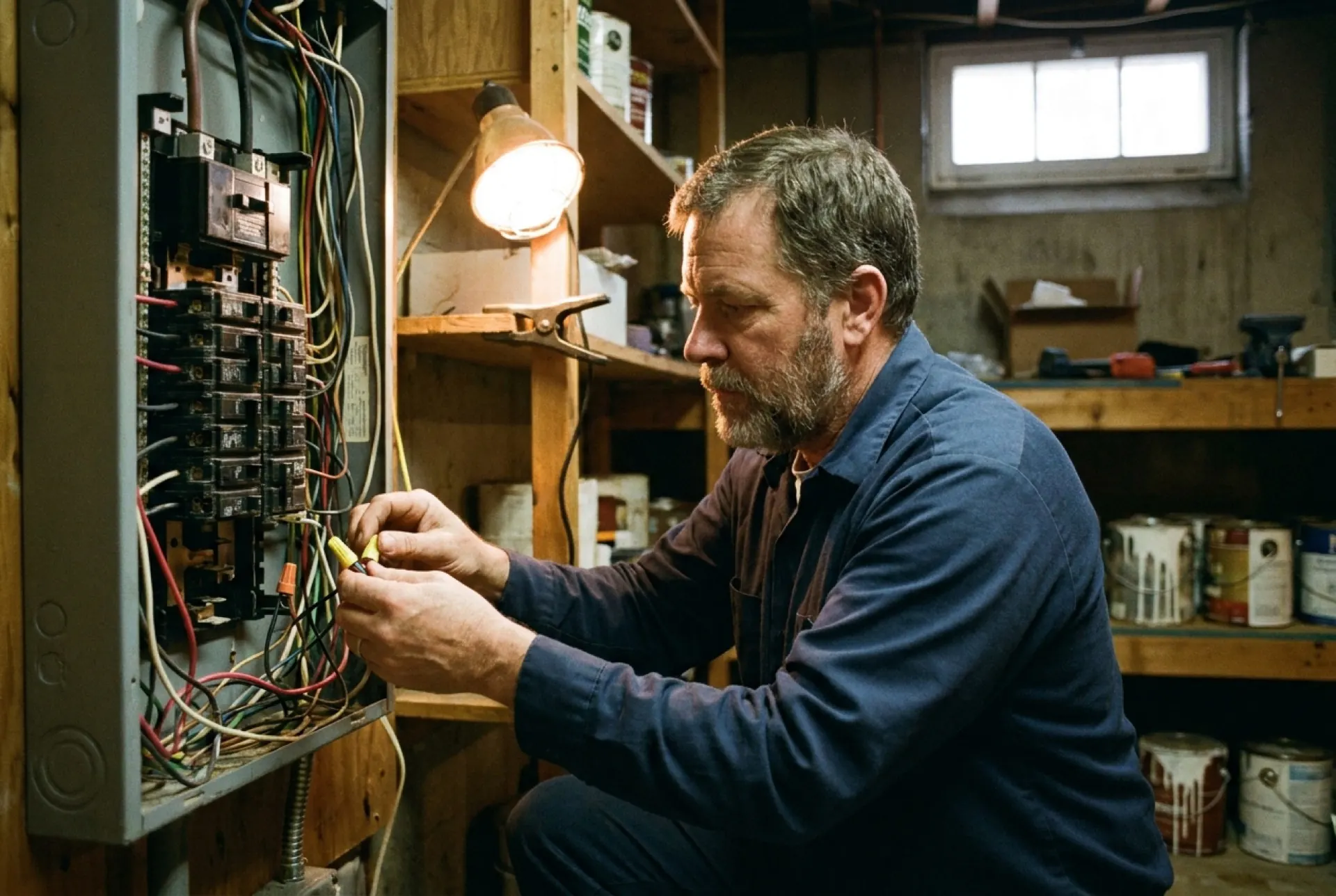 An electrician working inside an open residential service panel