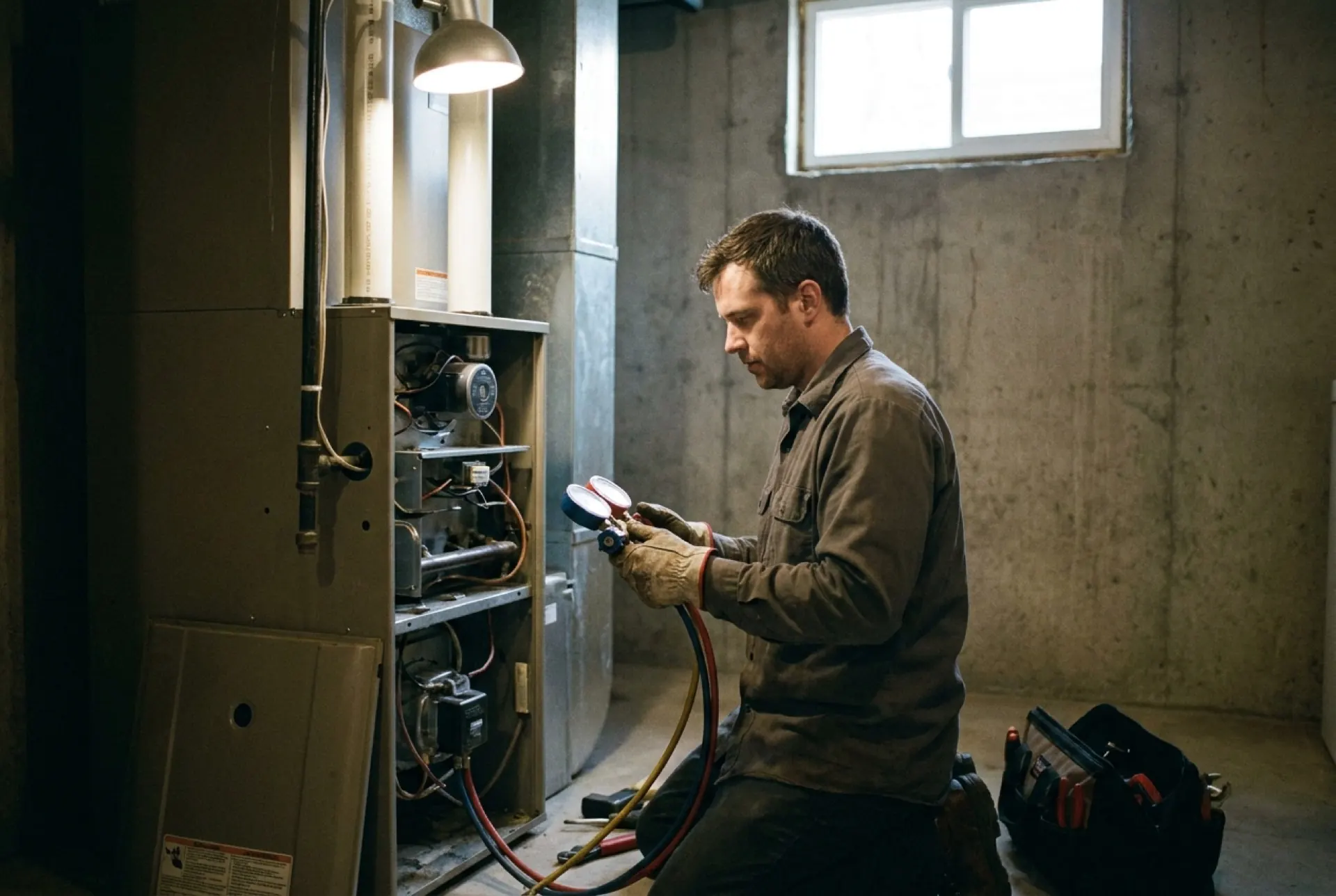 A technician servicing a residential gas furnace