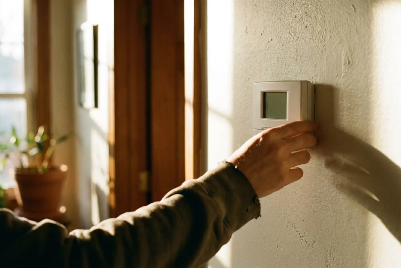 A hand adjusting a wall-mounted home thermostat